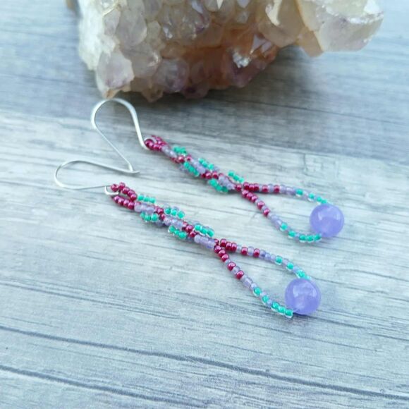 Dyed Jade Gemstone Spiral Beaded Dangle Earrings, Boho Chic Artisan Statement 3" - Picture 4 of 8